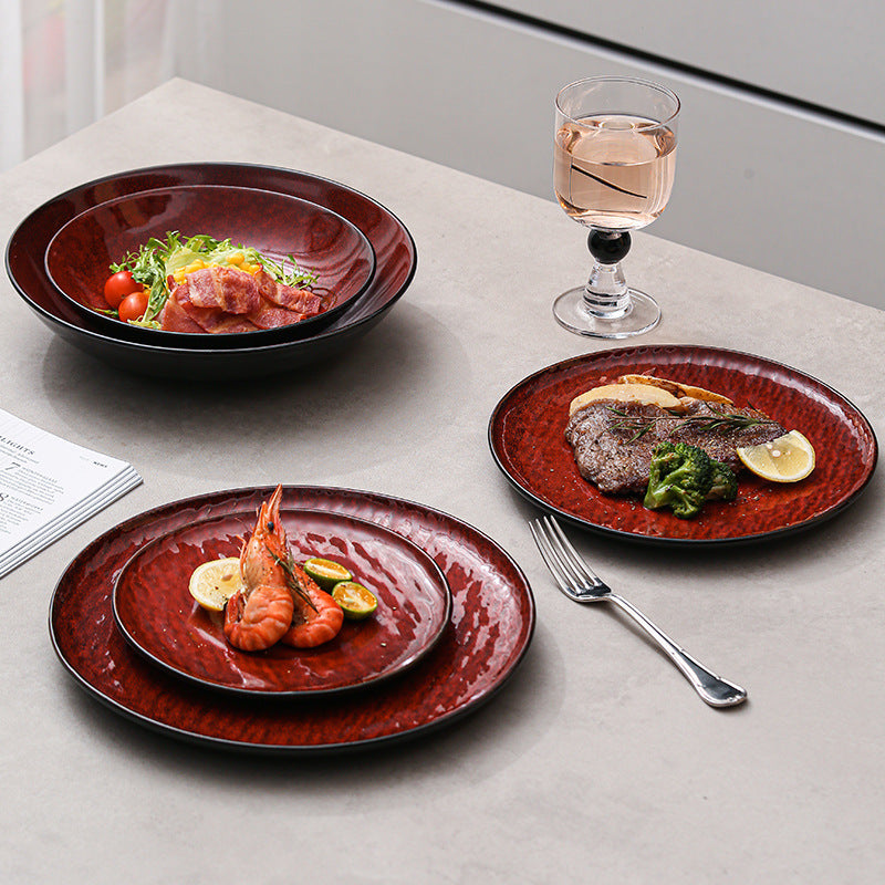 Nordicinsclassy hotel tableware ceramic bowl and plate combination burgundy restaurant for home embossed display plate