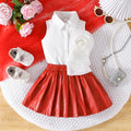cross-border exclusive: new autumn collection - sleeveless blouse with floral accents + pu leather skirt set - hot seller!
