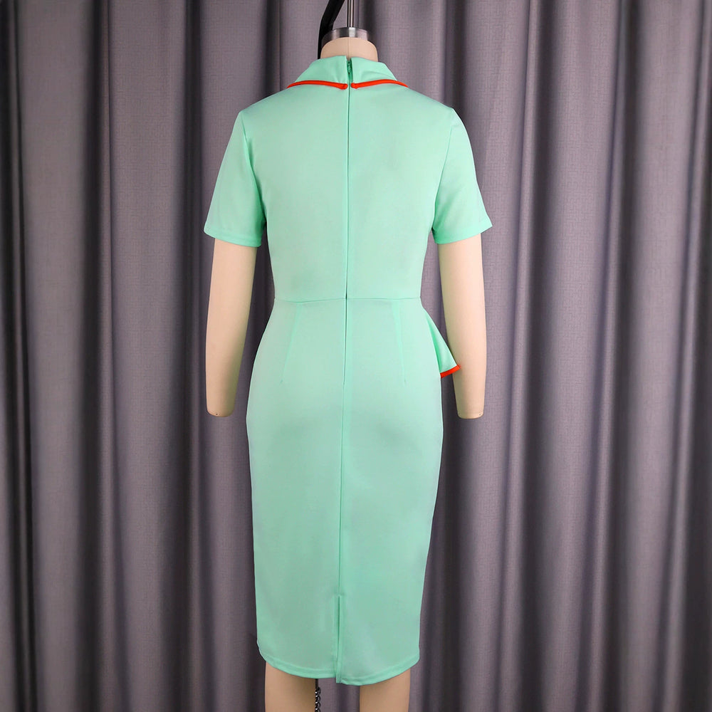 Fashion lapel contrast color mint green short sleeve one step skirt rufflesilm hip cover work clothingdressdresses