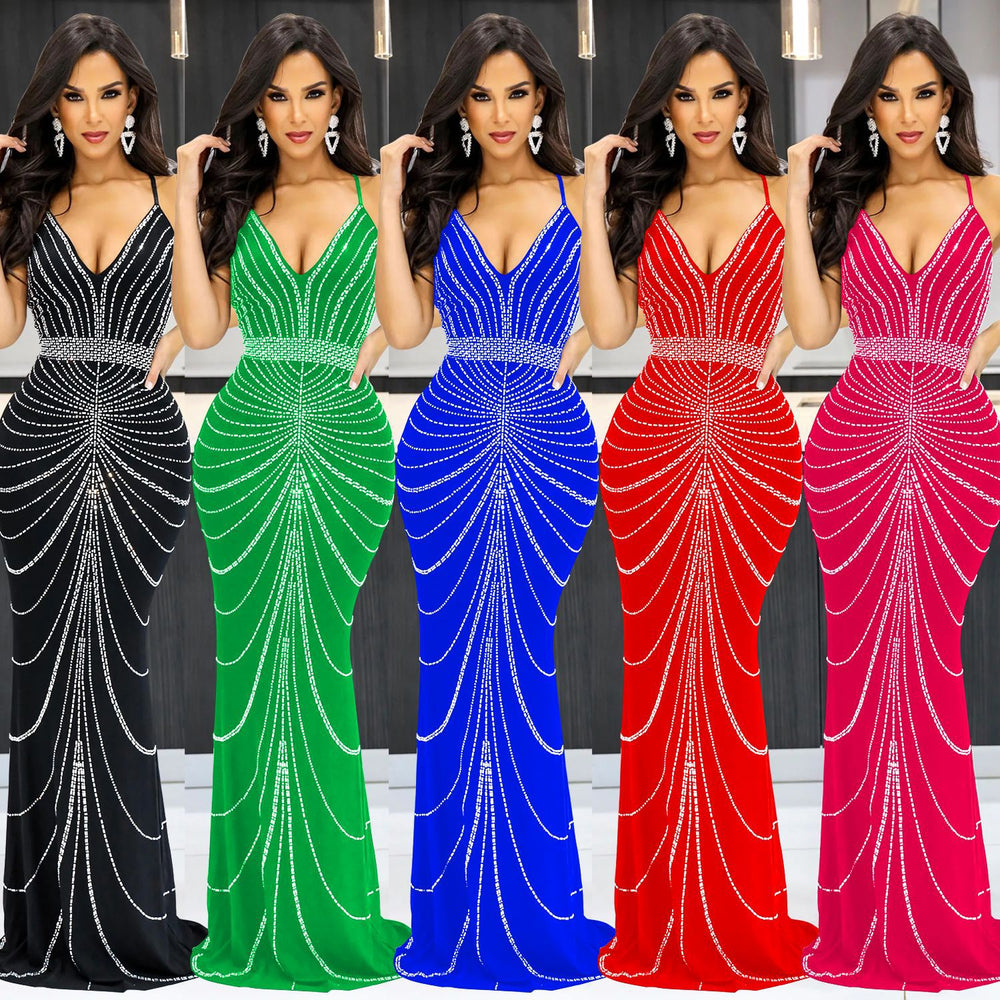 C6388   fashion women's solid color camisole sleeveless rhinestone backless maxi dress
