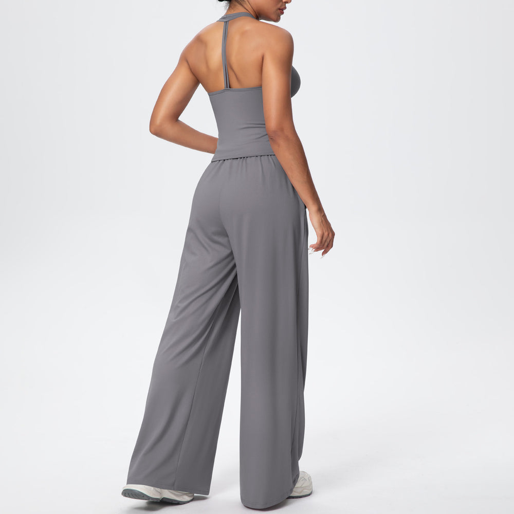 i-shaped v neck beautiful back tight breathable pure color wide-leg yoga suit sports running fitness suit for women