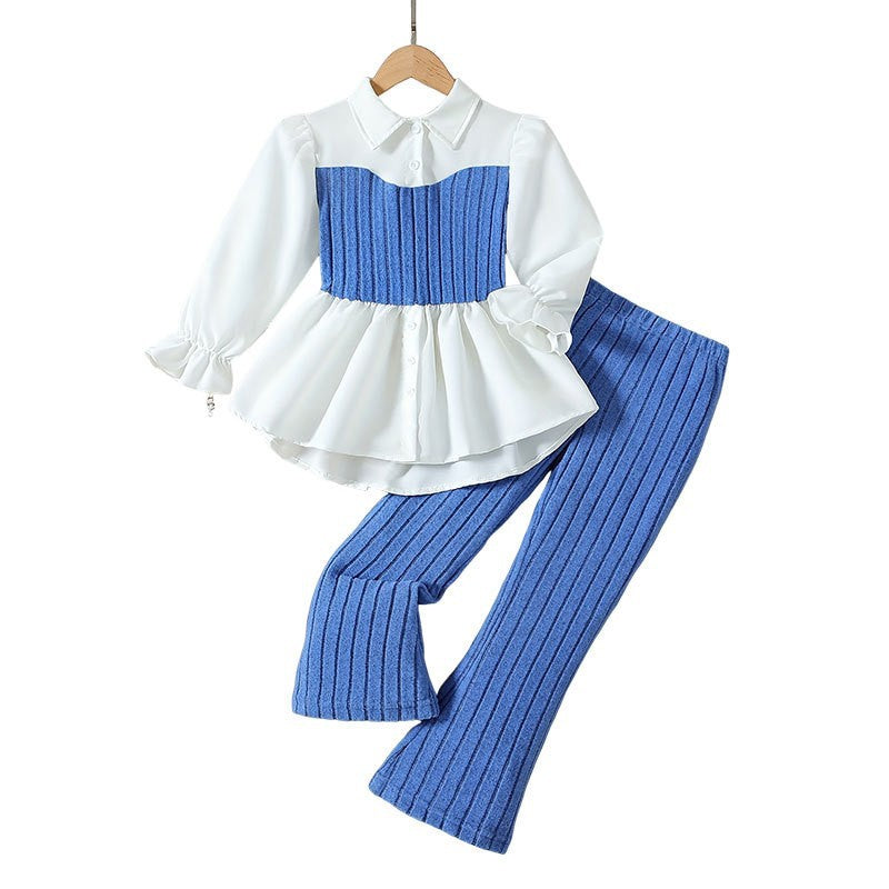 Autumnew arrivalkidsshirtvest lacetwo-piece setfashiontweed stylepantsgirllong sleevesk-stylesuit