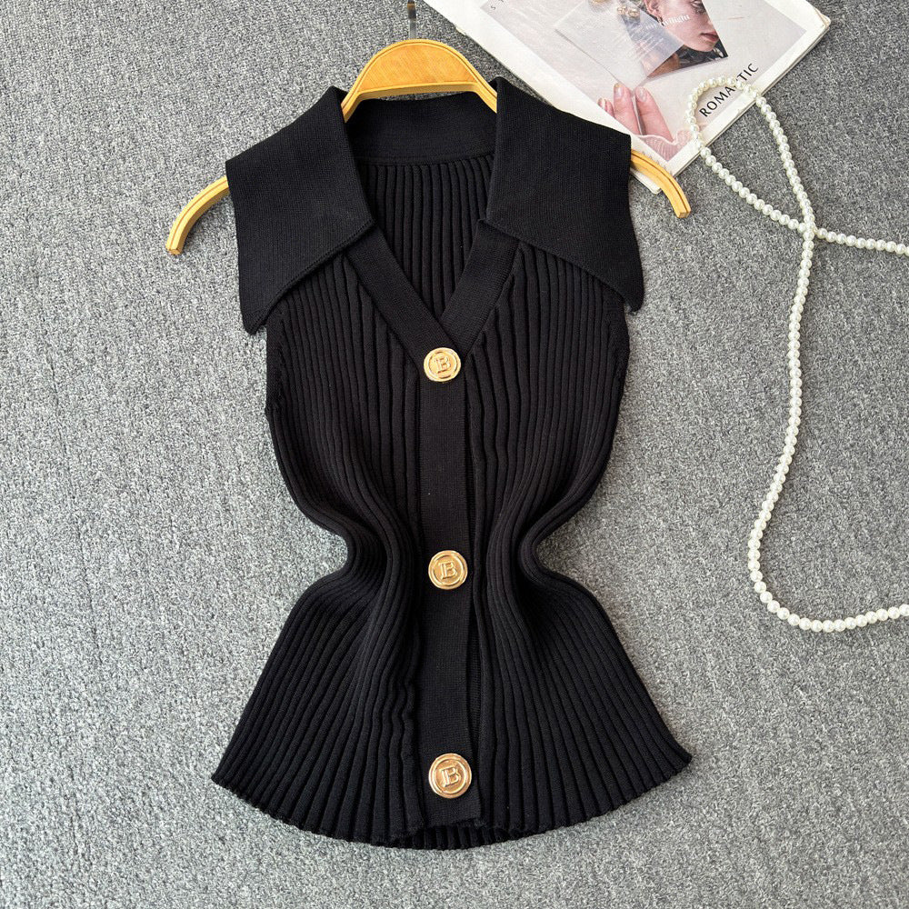 Xiaoxiangfeng knitting vest for women summer thin stylesenseniche stylepolo collar slimming lookshort chichaltertops