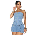 European and american style women's casual denim set - cross-border fashion: metallic button bandeau top & high-waisted shorts
