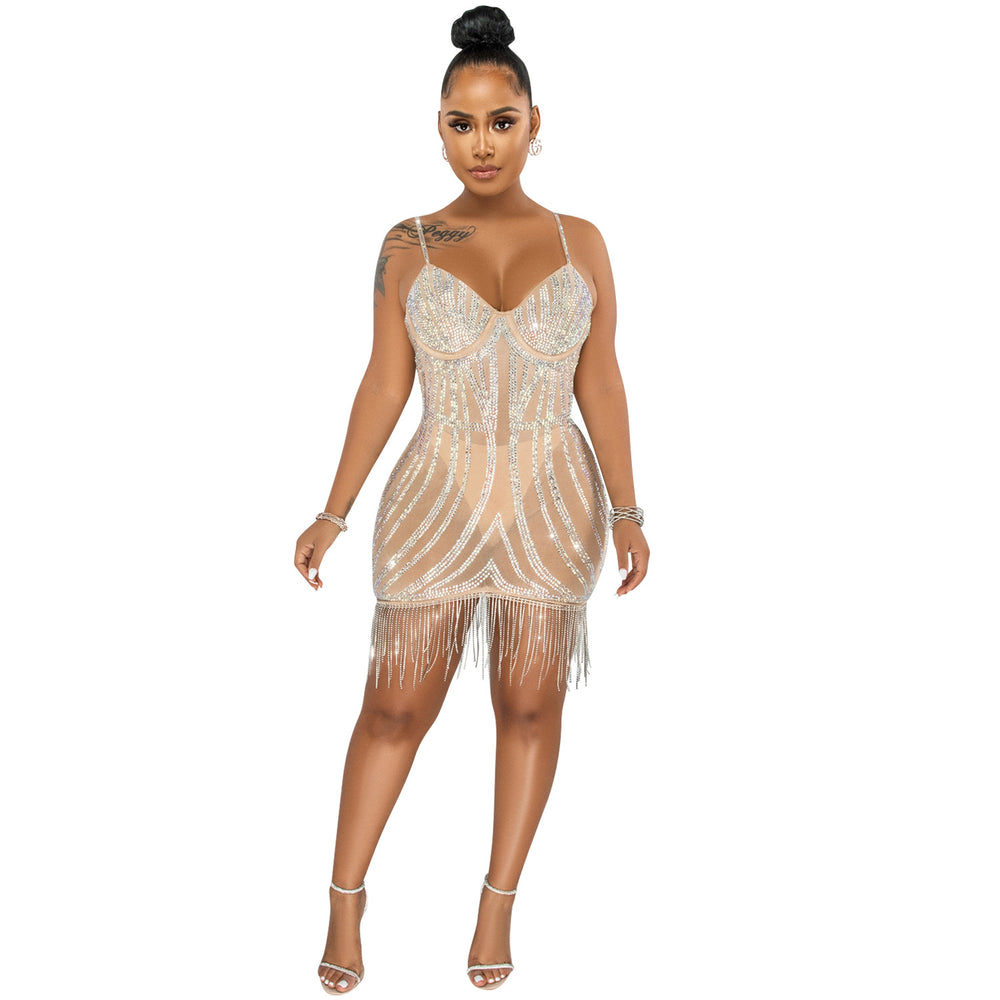 X5633   fashion new product hot diamond sexy suspender sleeveless chest wrap short skirt flowing beard dress
