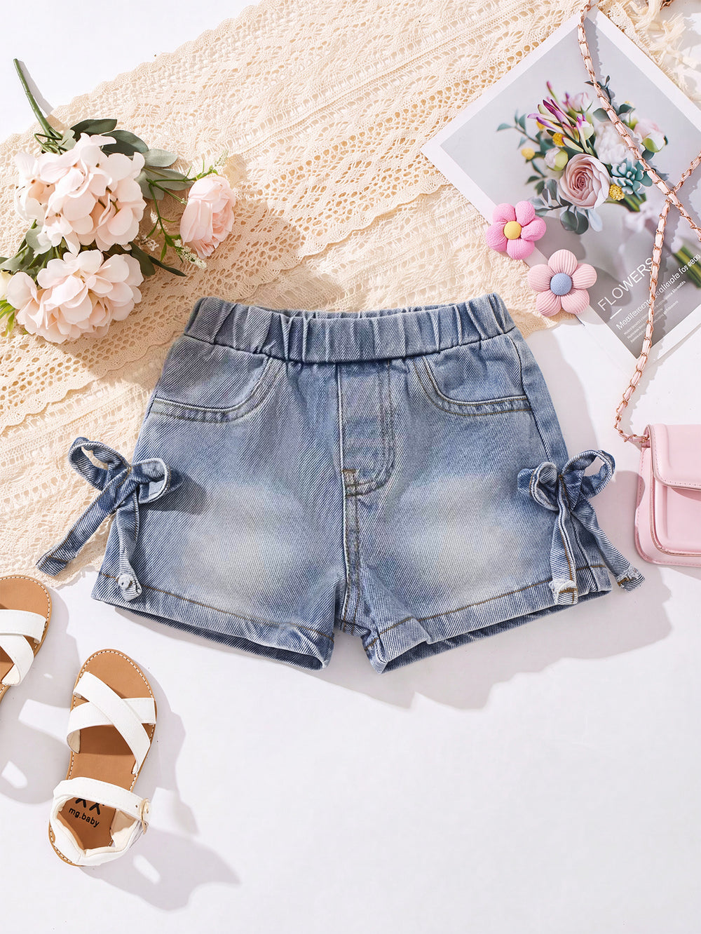hot-selling girls' denim shorts with washed effect and bow detail - cross-border exclusive for infants and toddlers