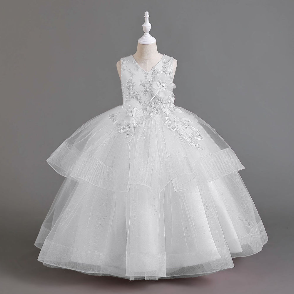 Export long skirt kids dress pearl flower wedding dress princess dress female flower girl birthday dress girl dress