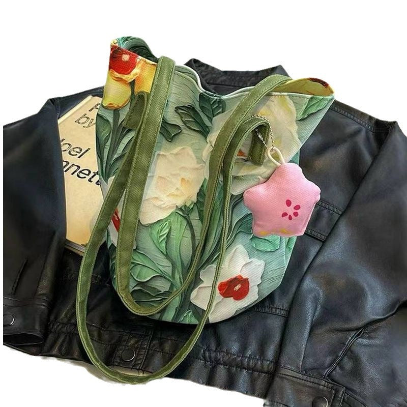 2024 new oil painting floral niche high-end shoulder bag, versatile, large capacity commuter bucket bag for women - stunning design