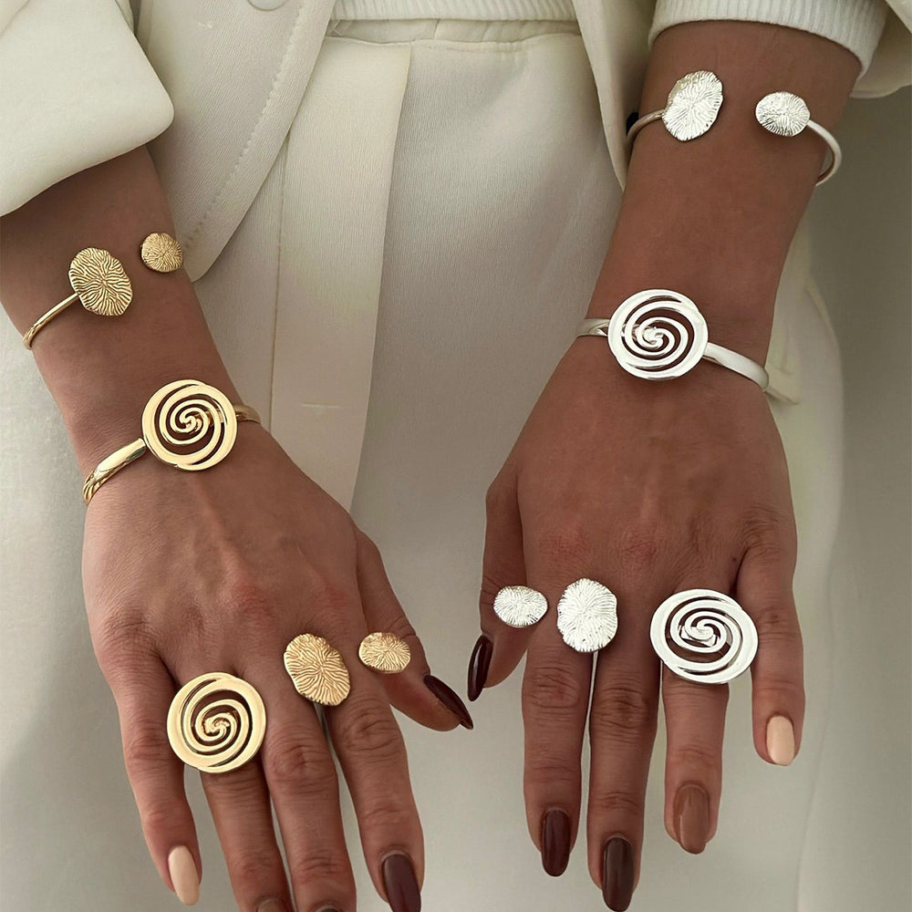 European and american cross-border fashion exaggerated irregular swirl design open ring alloy geometric spiral bracelet set for women