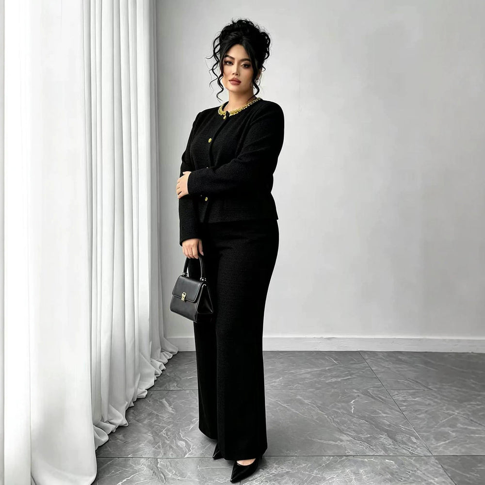 Exportfashion socialite style plus size suit beaded round neck single-breasted short topsloosehigh waist wide leg pants