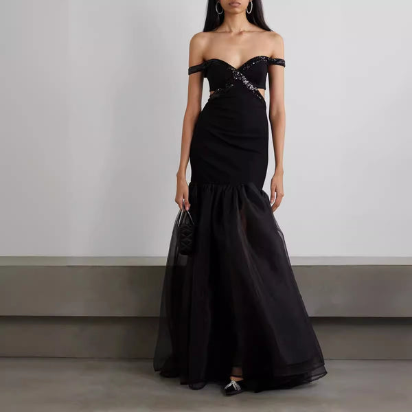 popular women's clothing one-word shoulder fishtail mesh bandage evening dress fashion high-end dress women