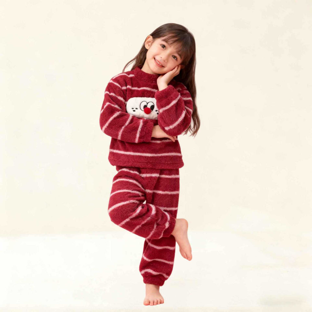 Kids' fall/winter korean style striped cartoon half-fleece pajama set - soft and warm loungewear for boys and girls