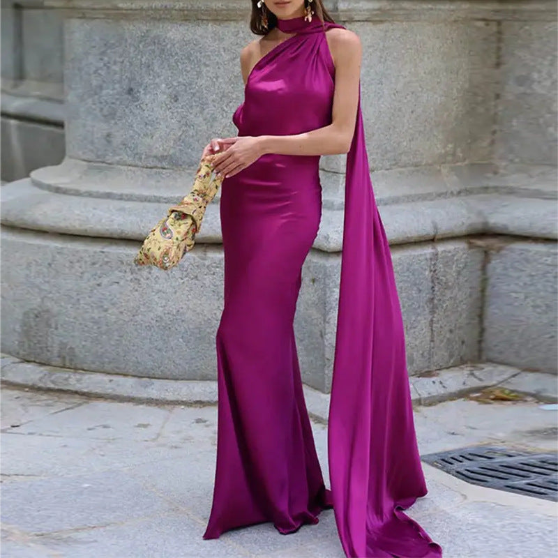 cross-border european and american women's clothing: new summer fashionable and elegant solid color dress with flowing straps