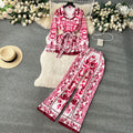 European and american retro chic position print tie-waist collared long sleeve top and high-waisted wide-leg straight pants set for women