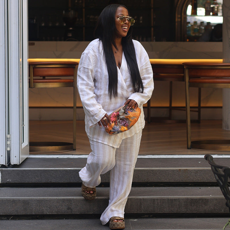 European and american cross-border african women's fashion  autumn new collection: striped v-neck long sleeve shirt and wide-leg pants set
