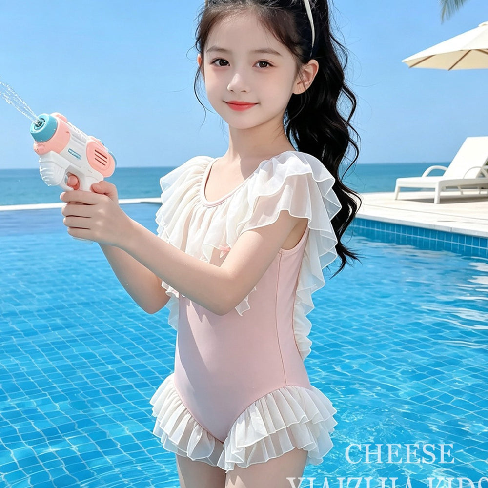 Girls' two-piece swimsuit: kids' double-layer mesh ruffle trim bowknot swimwear for beach vacations, hot springs, and swimming