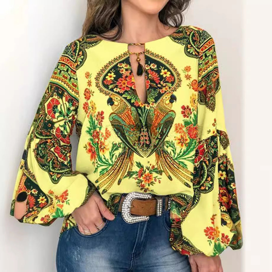 spring/summer new women's fashion: unique digital print round neck lantern sleeve blouse 5006 - large inventory available now
