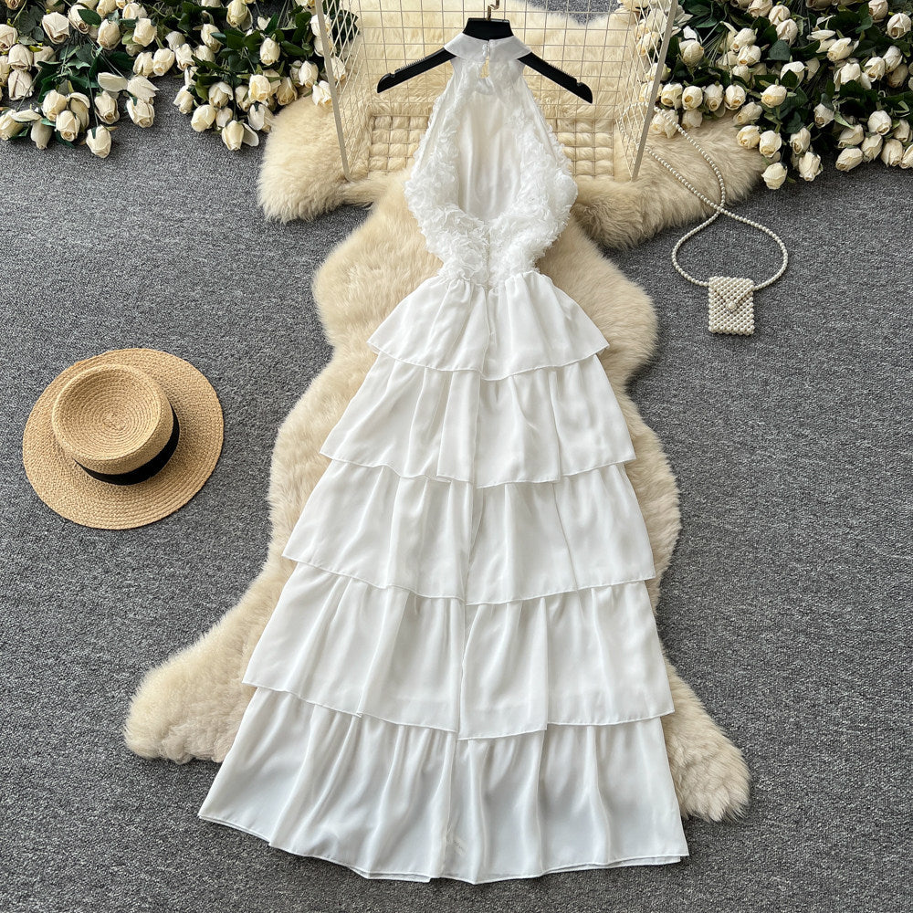 French style halter neck sexy backless dress - women's white tiered dress - slimming, high-end, vacation-ready maxi dress