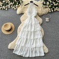 French style halter neck sexy backless dress - women's white tiered dress - slimming, high-end, vacation-ready maxi dress