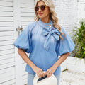 European and american cross-border spring new arrival:  retro loose-fit tie-neck denim shirt with bow detail - women's top
