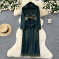 Frenchretro light mature style strappy waist lapel long sleevesdress women slimming lookelegant single-breasted denim long skirt