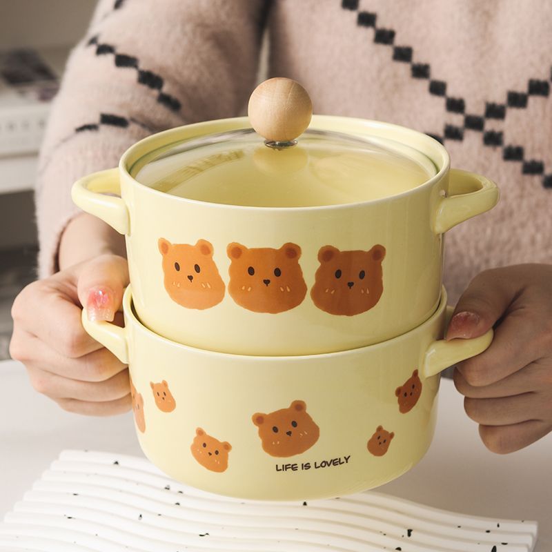 Ins cream yellow bear instant noodle bowl with lid dormitory student instant noodle bowl salad bowl double ear soup bowl tableware