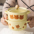 Ins cream yellow bear instant noodle bowl with lid dormitory student instant noodle bowl salad bowl double ear soup bowl tableware