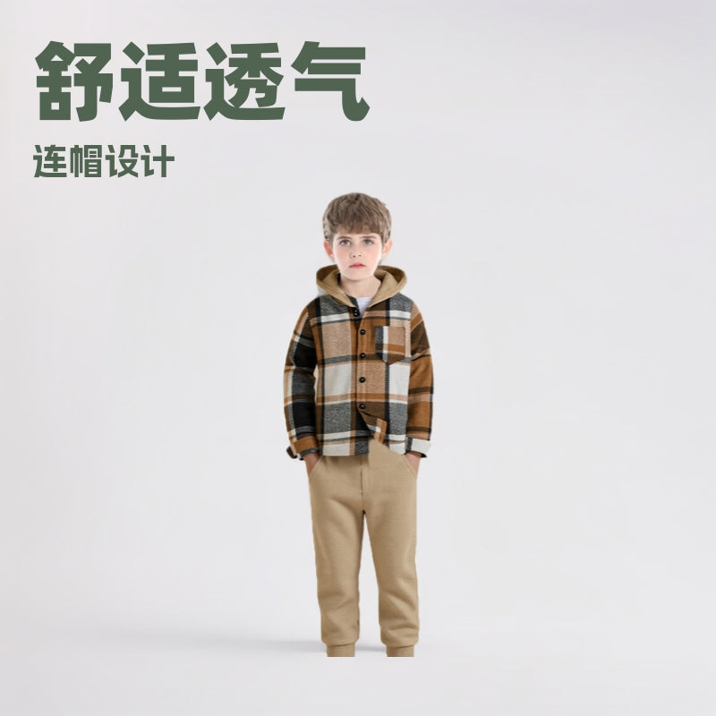 Boys' plaid shirt long sleeve spring lightweight hooded jacket  spring/autumn new children's shirt casual cardigan