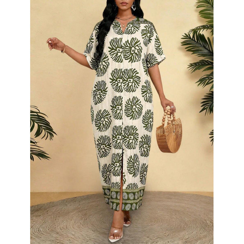 Amazon european goods  summer new arrival printed elegant v-neck short sleeve long loose slimming dress