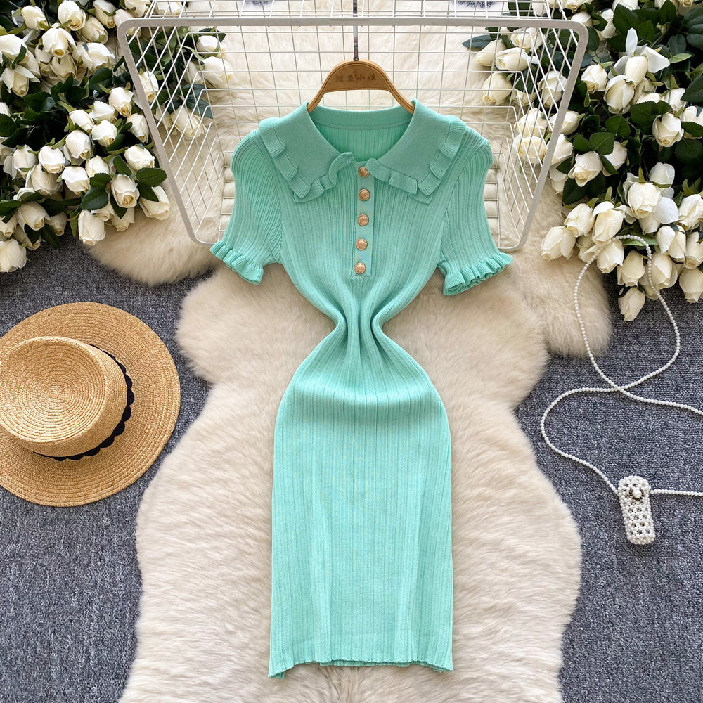 Frenchretro doll collar short-sleeved waist knittingdress women's summerslimming lookelegant tight hip-hugging sweater skirt