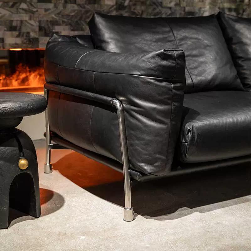 Minimalist mid-century modern genuine leather sofa for living room, small apartment, bauhaus retro style black hammer sofa, 2025 new arrival