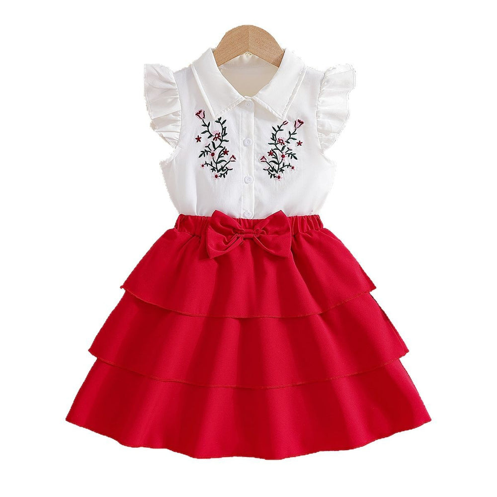 Girls' summer outfit set: printed top with peter pan collar and flutter sleeves, red tiered skirt - two-piece set for kids