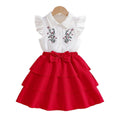 Girls' summer outfit set: printed top with peter pan collar and flutter sleeves, red tiered skirt - two-piece set for kids