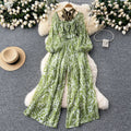 Women's beach pants  new style vacation sexy one shoulder halter lantern long sleeves high waist wide leg printing jumpsuit