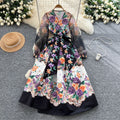 Palace retro design cross v neck mesh lantern sleeves strappy waist printing large swing puffy fashiondress