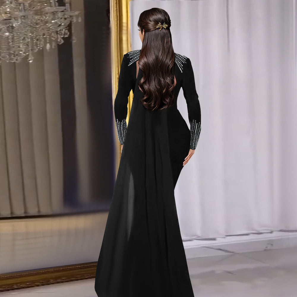 C7381 cross-border   fashion women's elegant see-through rhinestone long sleeve bodycon dress