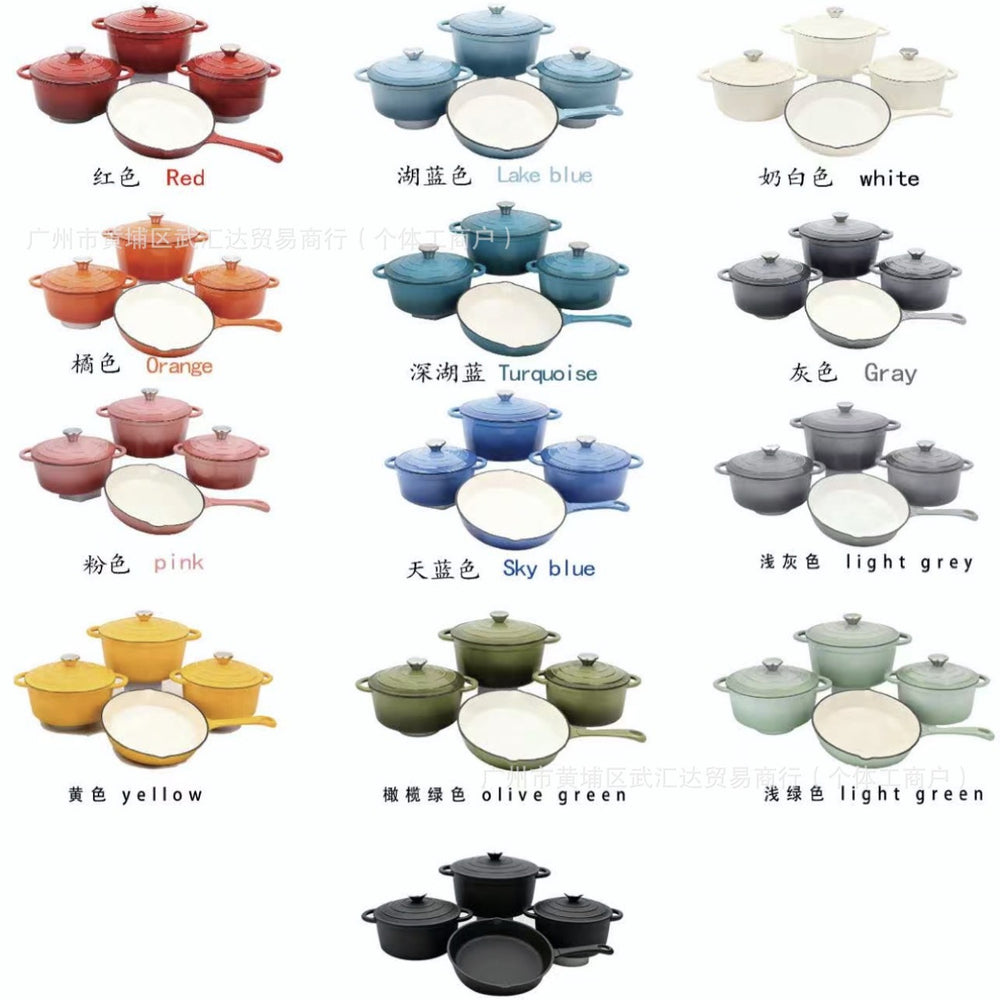 Household cast iron enamel non-stick pot seven-piece multi-purpose stew pot round frying pan steak plate baking dish pot set