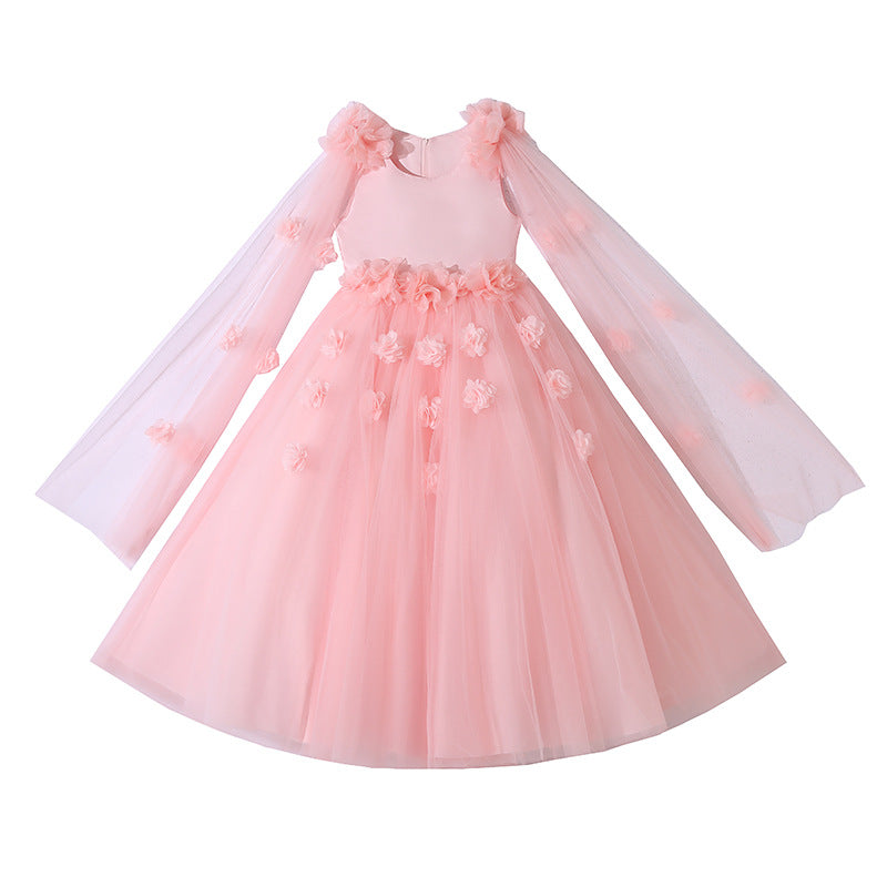Customized export girls' dresses with shawl, ribbon, host performance, mesh, high-end children's princess dress for runway show and performance