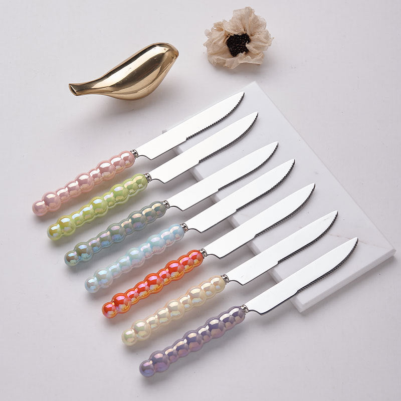 Light luxury style ins knife, fork, spoon, pearl handle, stainless steel tableware, creative fork, household high-looking mooncake knife and fork