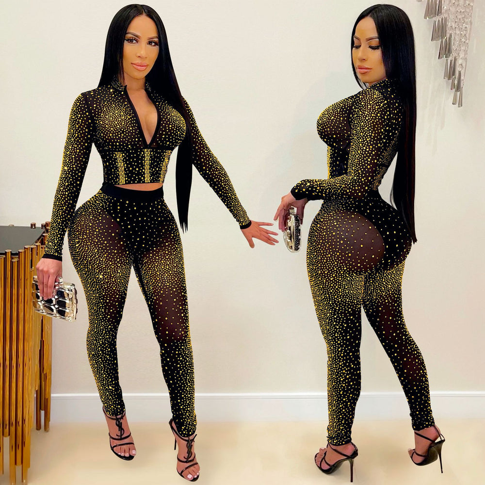 X5206   fashion european and american new nightclub hot diamond v necklong sleevespants women's two-piece set