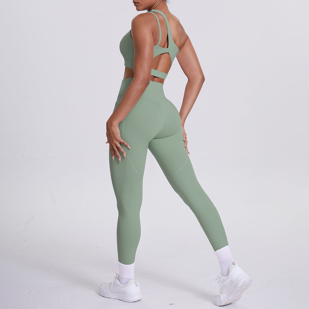 Cloud-feel one-shoulder backless sports bra set - high-waisted, butt-lifting, compression yoga outfit - quick-dry running & fitness set for women