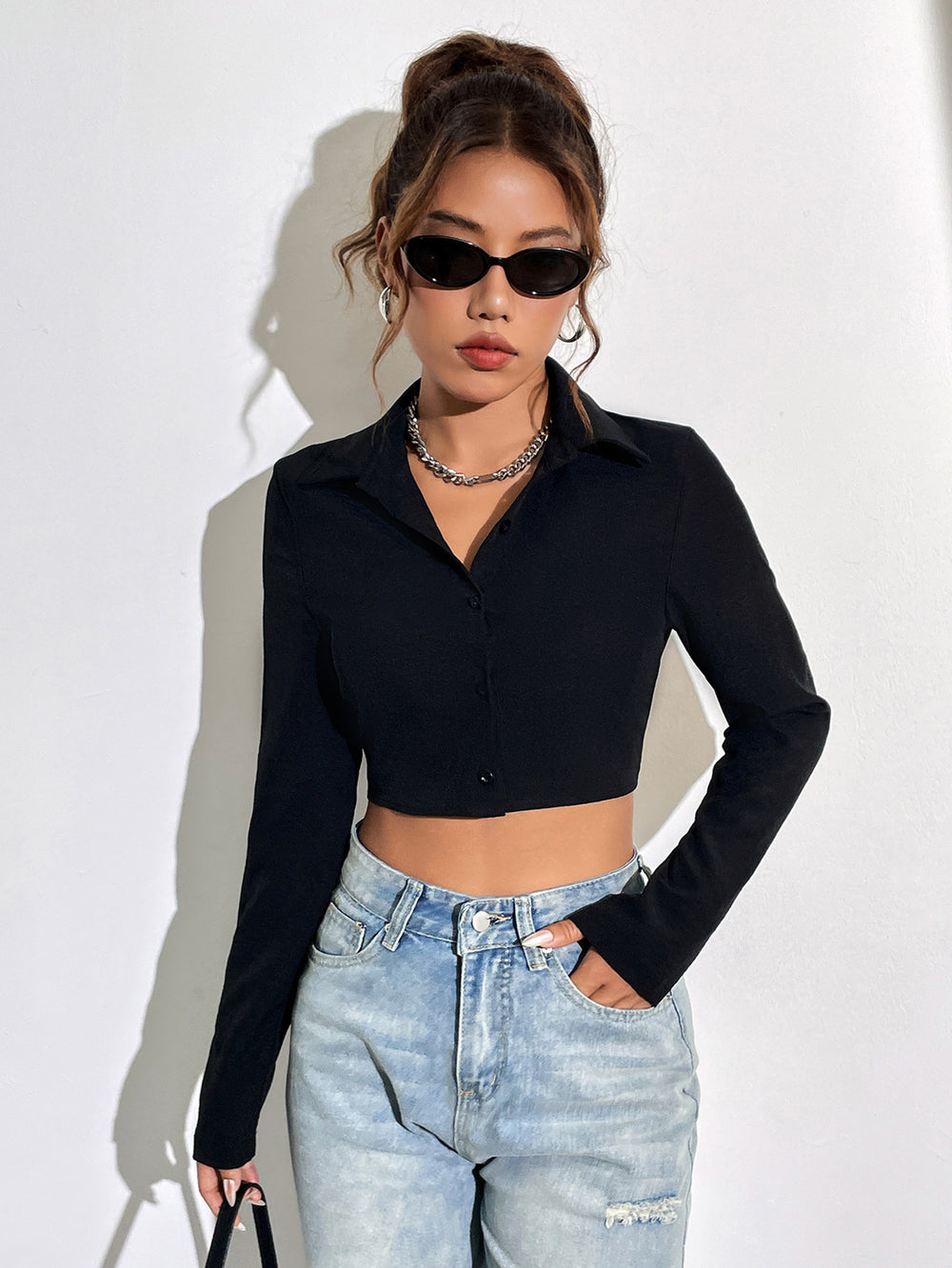 92200#  cross-border women's fashion: european & american ins style, versatile casual loose-fit solid color cropped shirt