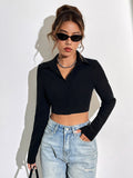 92200#  cross-border women's fashion: european & american ins style, versatile casual loose-fit solid color cropped shirt