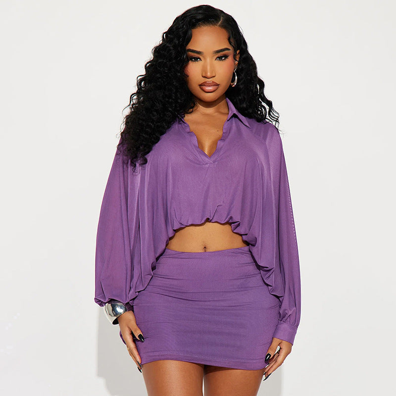 export european and american clothing fall and winternew arrivalpure colorfashionlong sleevestops mesh bubble hem shirt skirt suit