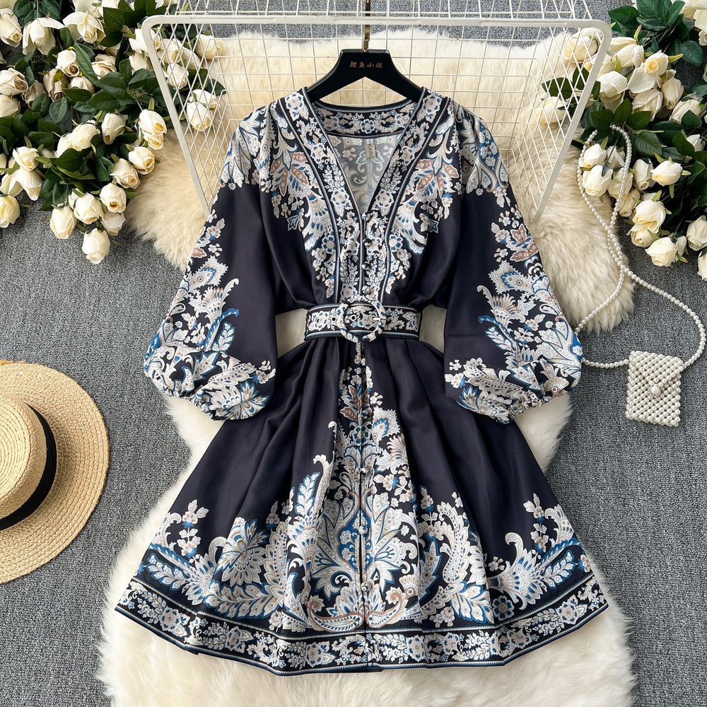 European and american retro chic location print dress - women's high-end slim-fit v-neck single-breasted elegant french mini dress