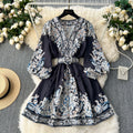 European and american retro chic location print dress - women's high-end slim-fit v-neck single-breasted elegant french mini dress