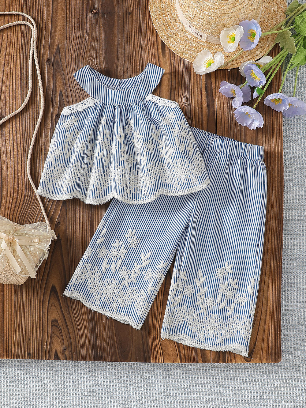 spring/summer cross-border exclusive: premium embroidered flutter sleeve top + casual straight-leg pants two-piece set for infants and toddlers