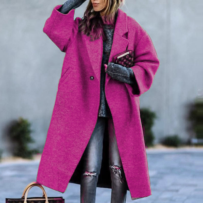European and american autumn/winter long wool coat - chic, commuter style, beltless, turn-down collar, relaxed fit, wool green coat for women