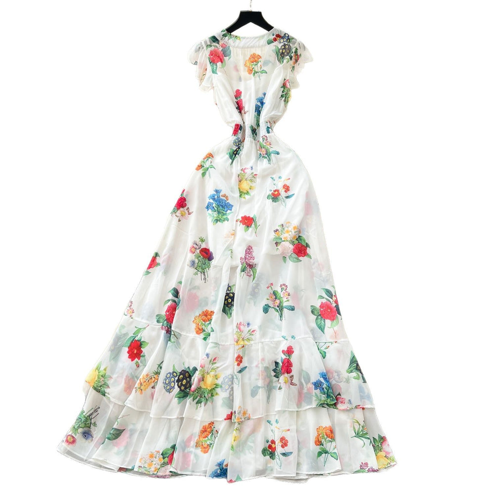 French holiday style printinglongdress women's waist elegant deep v neck small flying sleeves ruffles chiffon long skirt