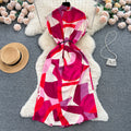 Luxury retro v-neck printed dress - women's summer french style tie-waist loose fit slimming midi shirt dress